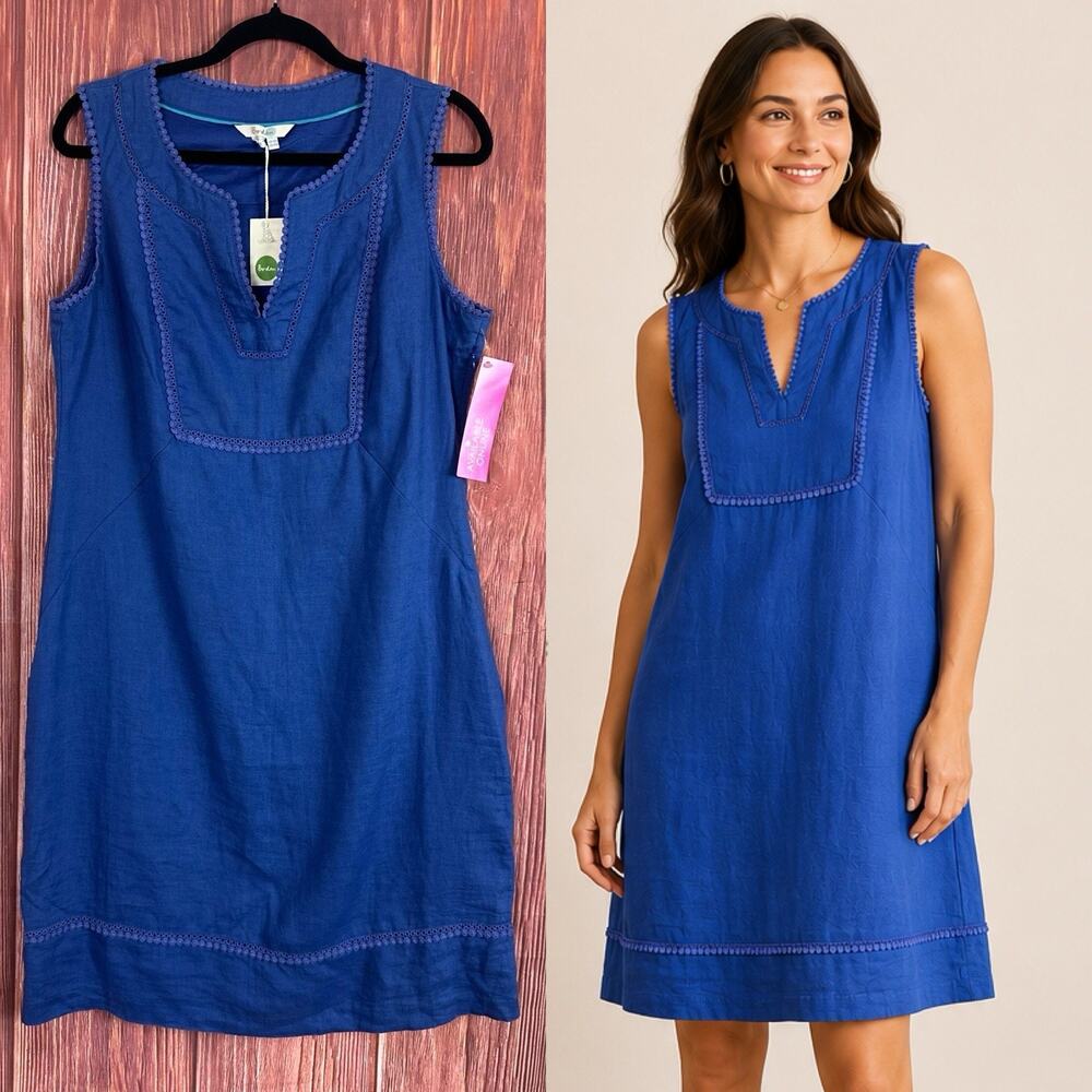 Boden 100% Linen‎ Pom Pom Trim Shift Dress Blue US Size 10 R NWT